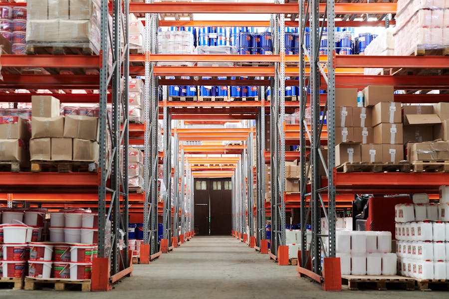 Modern pharmaceutical warehouse with organized inventory and logistics infrastructure